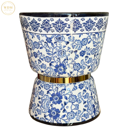 blue and gold plant pot Blue and White Chinoiserie Fiberglass Planter with Gold Accent — Wedding Decor Mall
