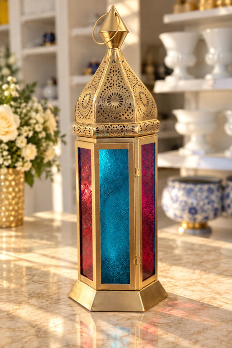 Gold Moroccan Lantern with Multicolor Glass Panels (56)