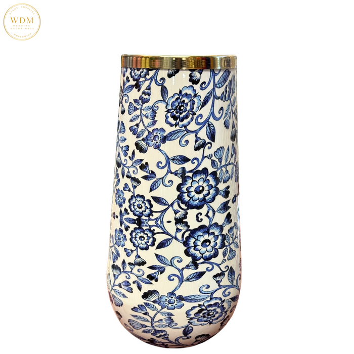 Glossy Blue Floral Metal Vase with Gold Rim
