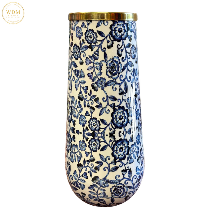Glossy Blue Floral Metal Vase with Gold Rim