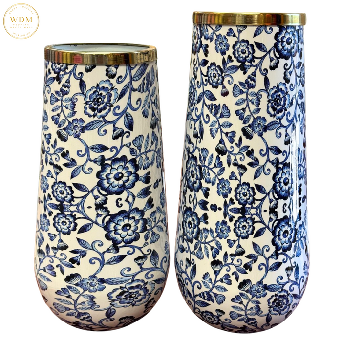 Glossy Blue Floral Metal Vase with Gold Rim