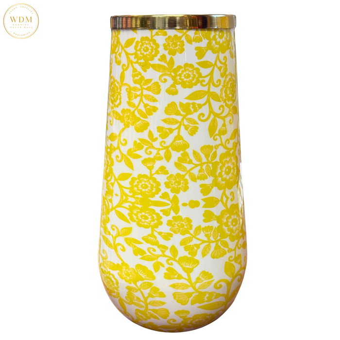 Glossy Yellow Floral Metal Pots with Gold Rim
