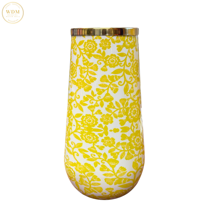 Glossy Yellow Floral Metal Pots with Gold Rim