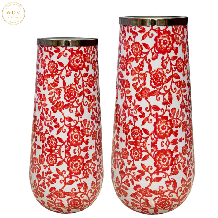 Glossy Red Floral Metal Pots with Gold Rim