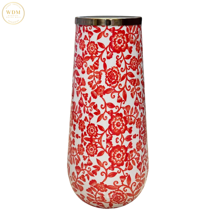 Glossy Red Floral Metal Pots with Gold Rim