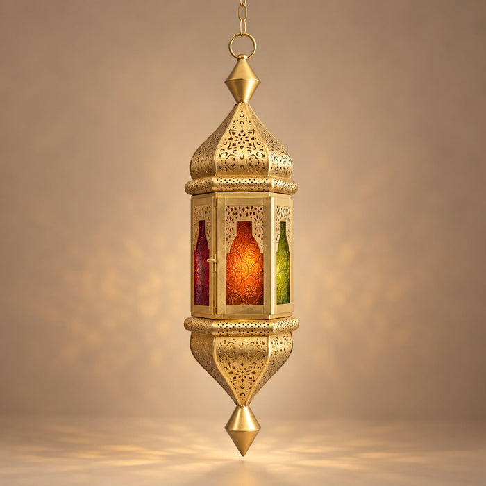 Gold Hanging Moroccan Lantern with Colored Glass Panels (52)
