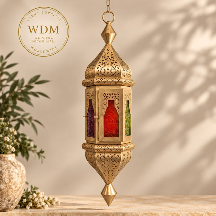 Gold Hanging Moroccan Lantern with Colored Glass Panels (52)