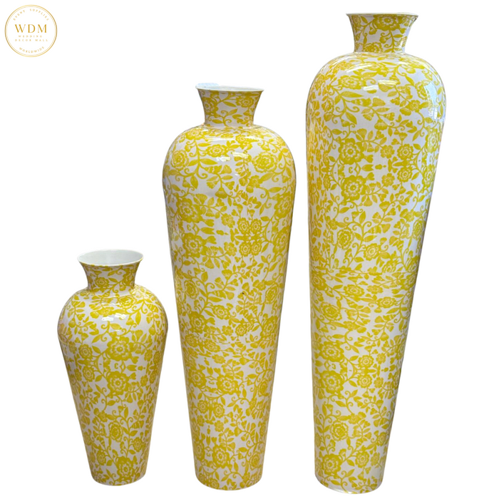 Yellow & White Floral Print Metal Vase