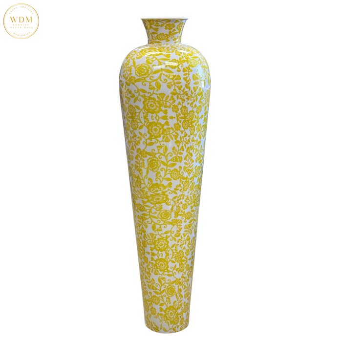 Yellow & White Floral Print Metal Vase