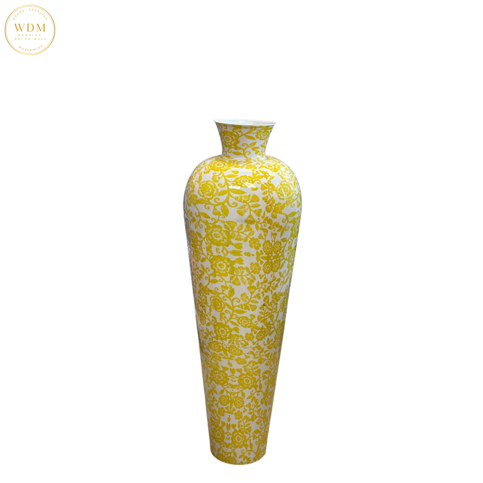 Yellow & White Floral Print Metal Vase