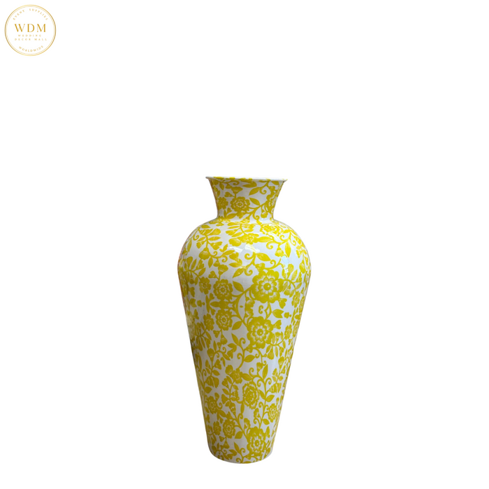 Yellow & White Floral Print Metal Vase