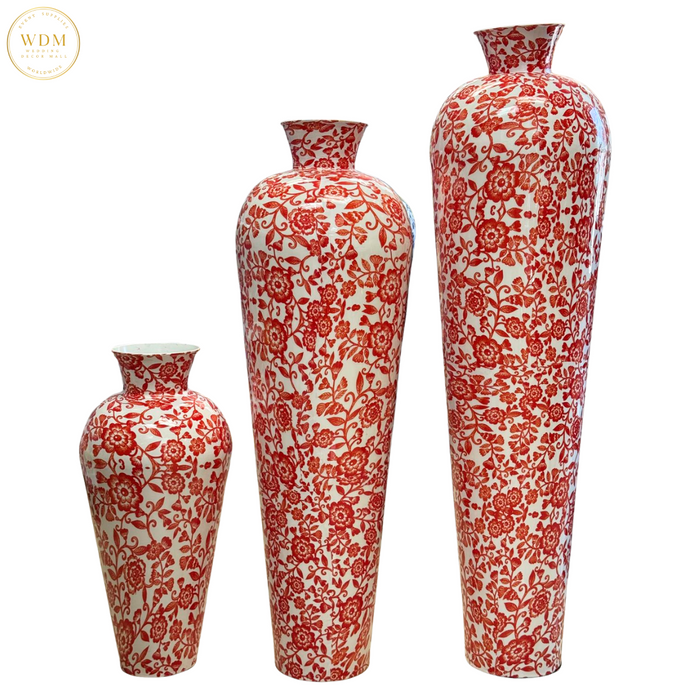 Red & White Floral Print Metal Vase