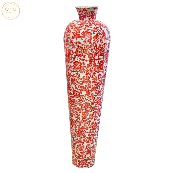Red & White Floral Print Metal Vase
