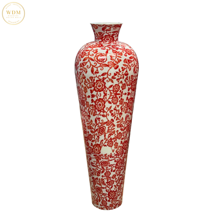 Red & White Floral Print Metal Vase