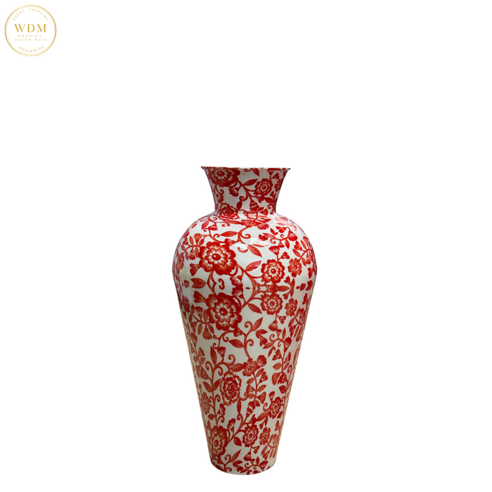 Red & White Floral Print Metal Vase