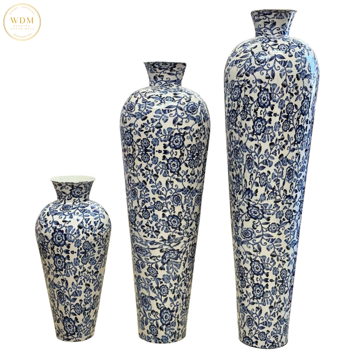 Blue & White Floral Print Metal Vase