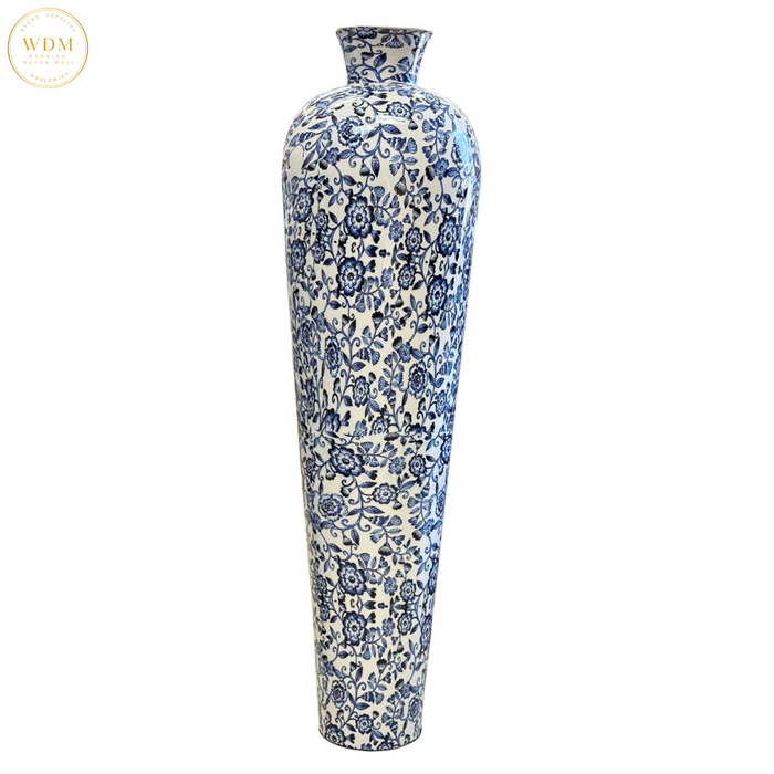 Blue & White Floral Print Metal Vase