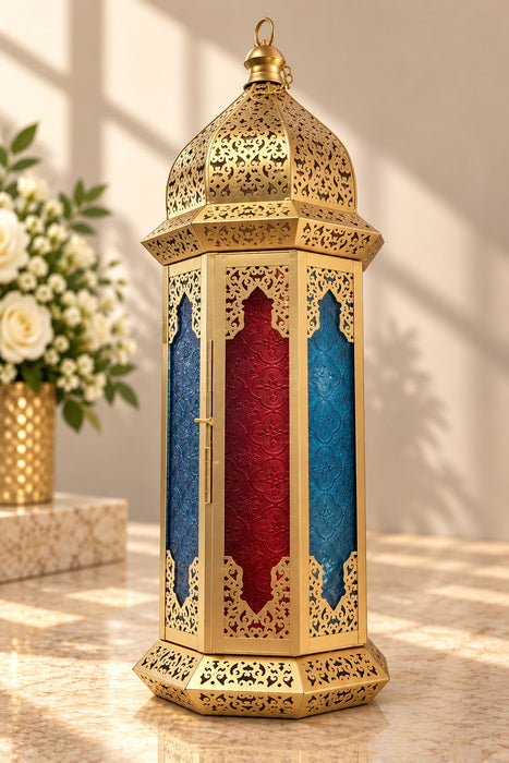 Tall Gold Moroccan Lantern with Multicolor Glass Panels (55)