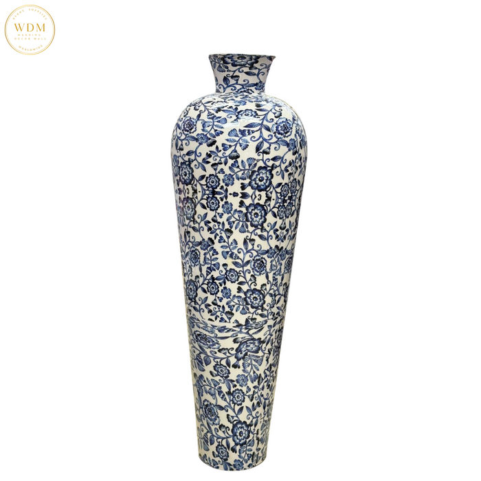 Blue & White Floral Print Metal Vase