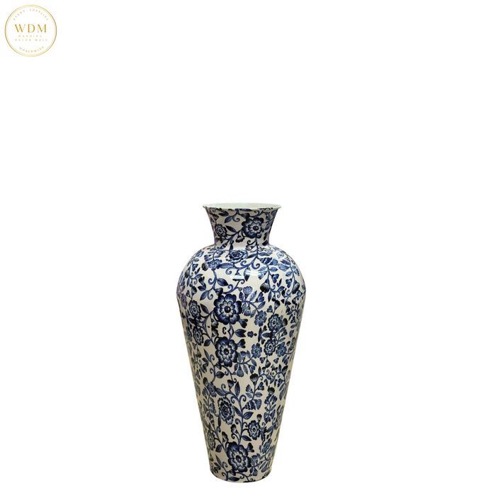 Blue & White Floral Print Metal Vase
