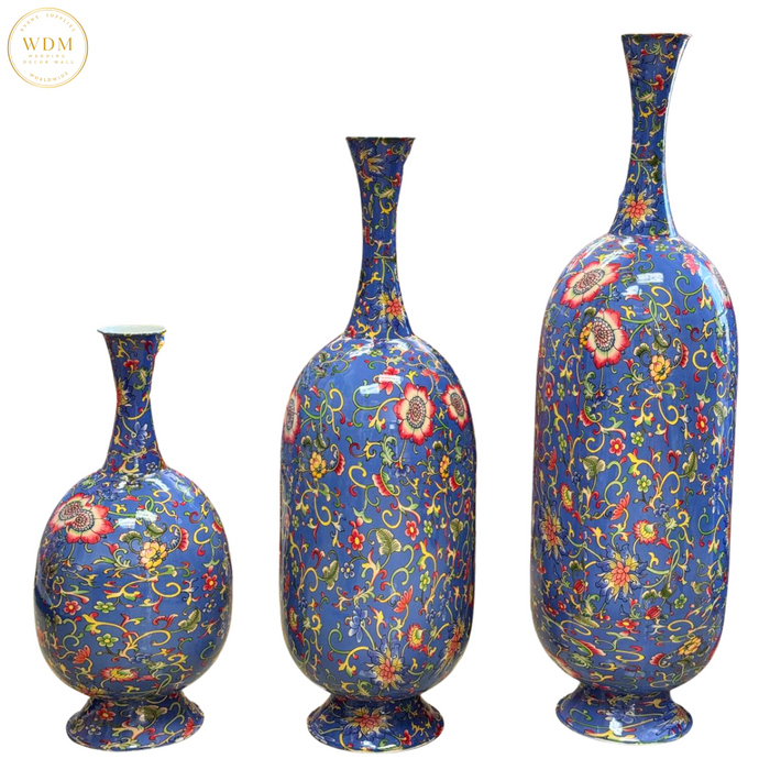 Blue  Floral Metal Vase with Flared Base