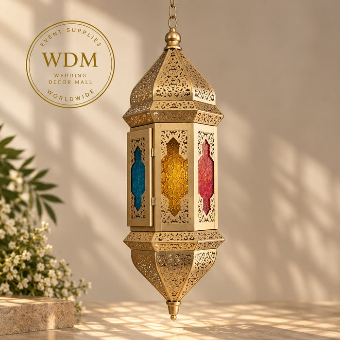 Hanging Gold Moroccan Lantern with Multicolor Glass Panels (57)