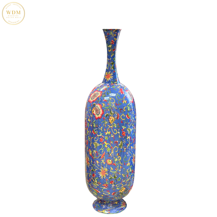 Blue  Floral Metal Vase with Flared Base