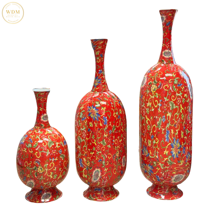 Red Enamel Floral Metal Vase with Flared Base