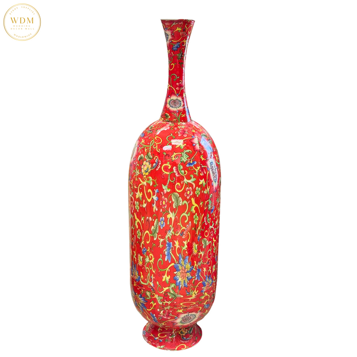 Red Enamel Floral Metal Vase with Flared Base