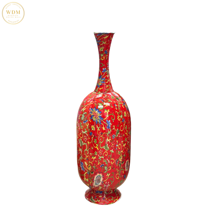 Red Enamel Floral Metal Vase with Flared Base