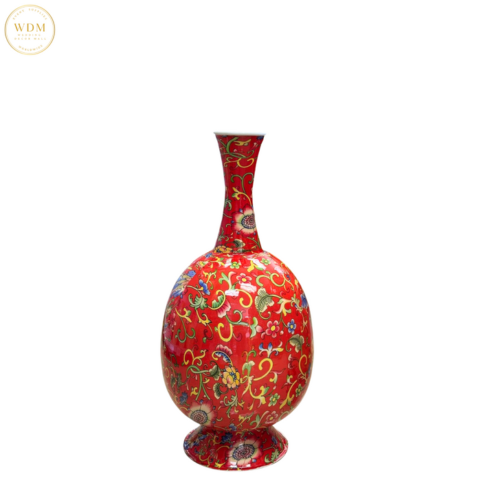 Red Enamel Floral Metal Vase with Flared Base