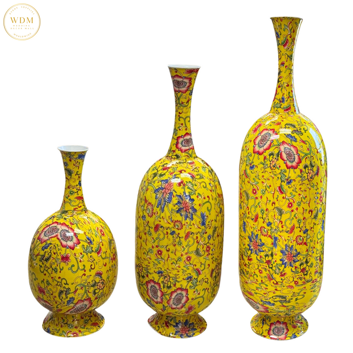 Yellow Floral Metal Vase with Slim Neck