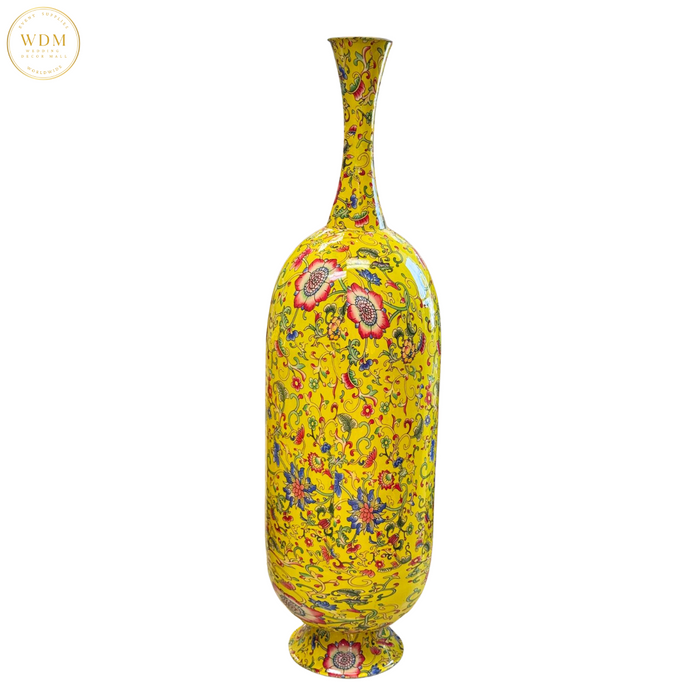Yellow Floral Metal Vase with Slim Neck
