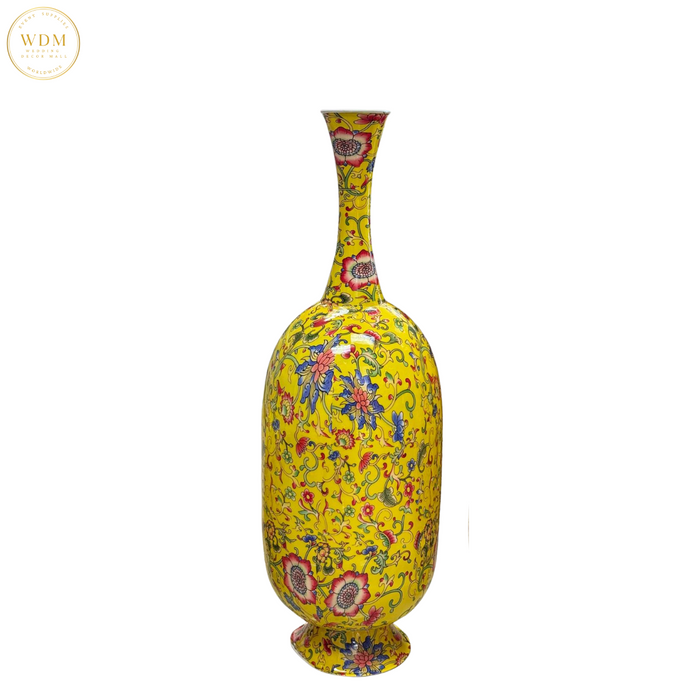 Yellow Floral Metal Vase with Slim Neck