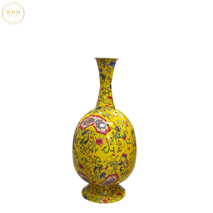 Yellow Floral Metal Vase with Slim Neck