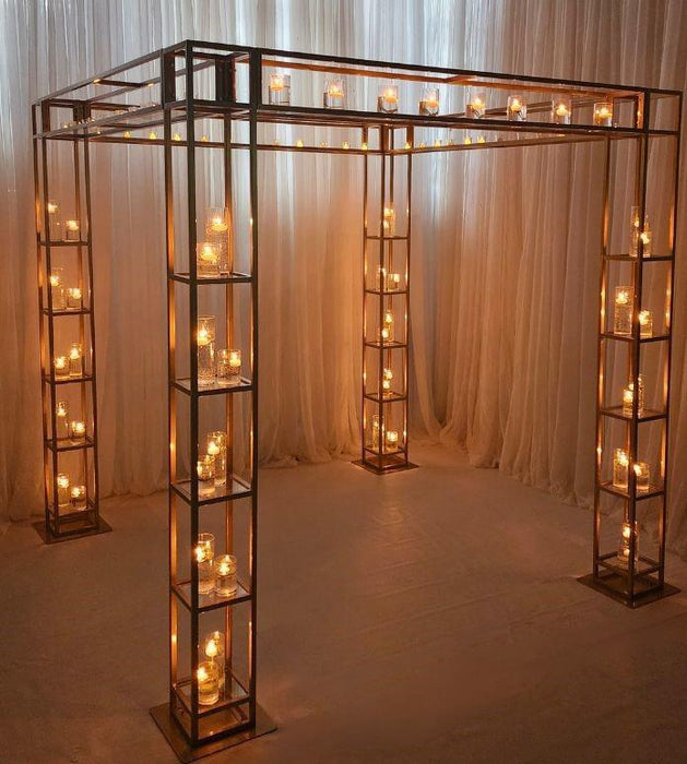 Luminara Gold Frame Mandap with Glass Shelves – 10x10x10 Feet
