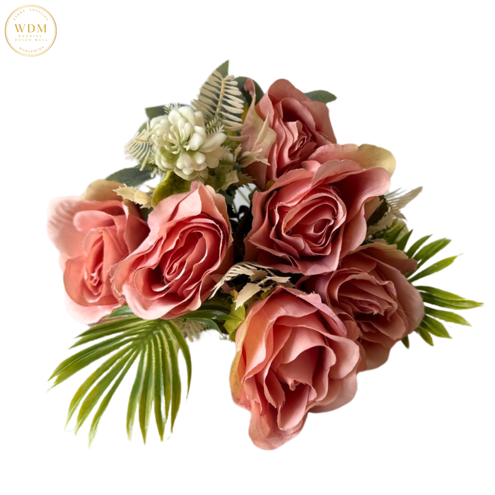 6 Head Rose & 3 White Bloom Mixed Bunch