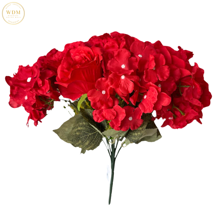 Crimson Red Bloom Silk Rose & Hydrangea Bunch with Fillers