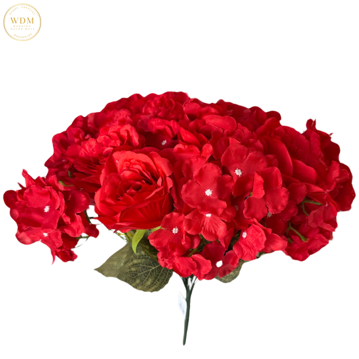 Crimson Red Bloom Silk Rose & Hydrangea Bunch with Fillers