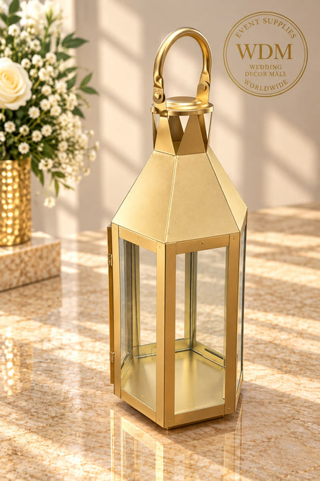Gold Metal Pyramid Lantern with Glass Panels (49)