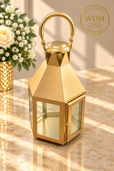 Gold Metal Pyramid Lantern with Glass Panels (49)