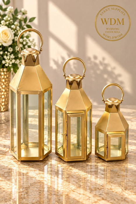 Gold Metal Pyramid Lantern with Glass Panels (49)