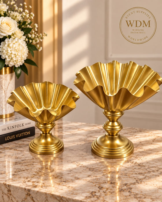 Gold Metal Trumpet Vase with Fluted Flower Rim
