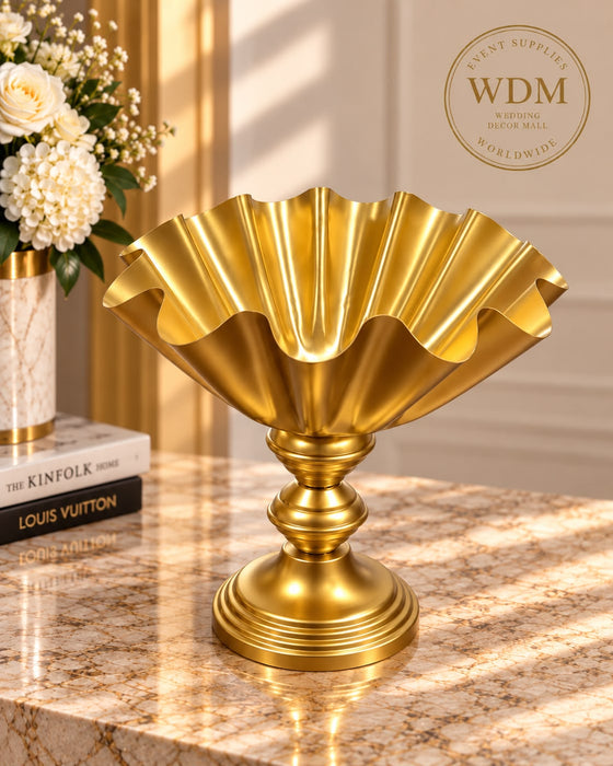 Gold Metal Trumpet Vase with Fluted Flower Rim