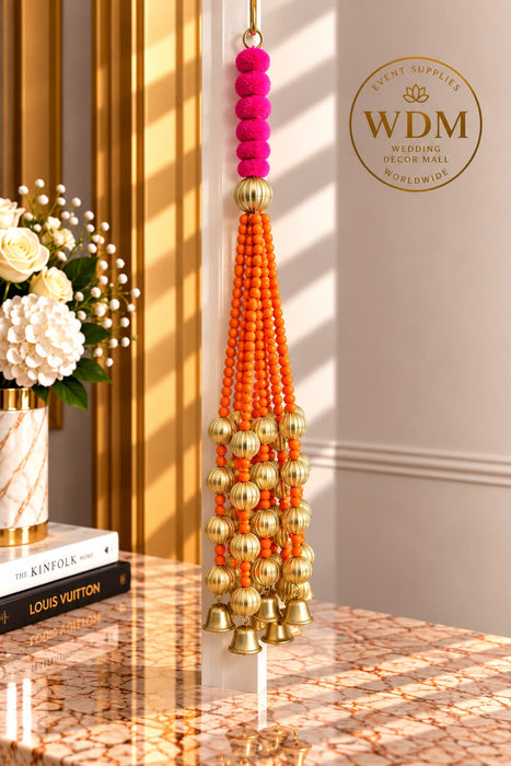 Beaded Hanging Garland with Gold Bell Accents- Set of 5