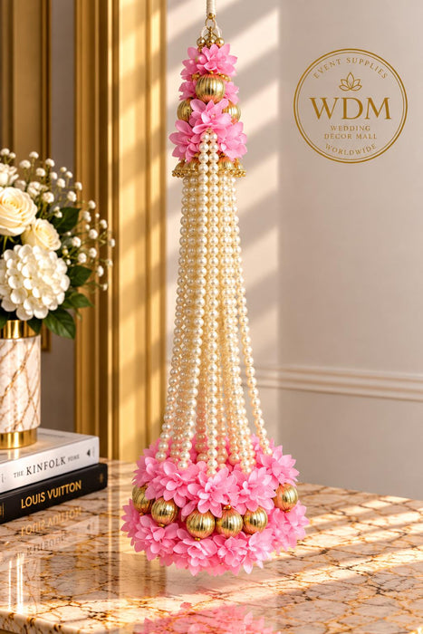 Pearl Floral Hanging Garland with Gold Lotus Accent