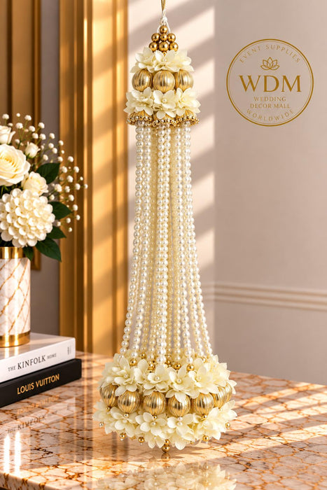 Pearl Floral Hanging Garland with Gold Lotus Accent