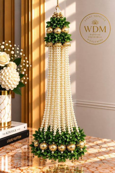 Pearl Floral Hanging Garland with Gold Lotus Accent