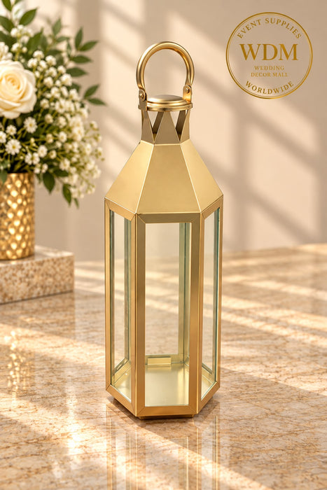 Gold Metal Pyramid Lantern with Glass Panels (49)